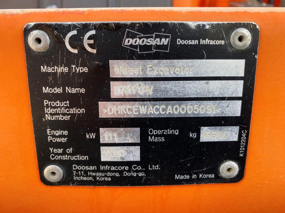 Doosan DX170W mobiele graafmachine